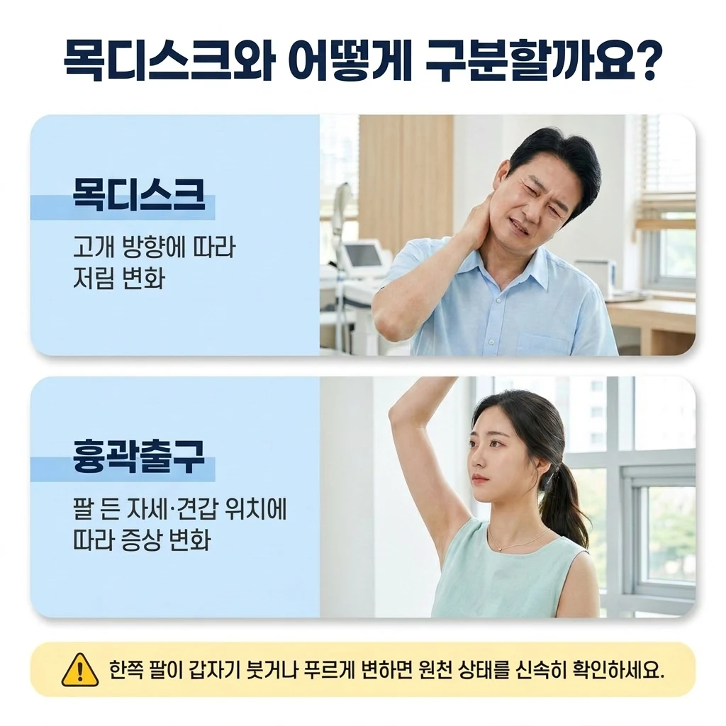 목디스크와 흉곽출구 주변 문제를 구분할 때 살펴볼 단서