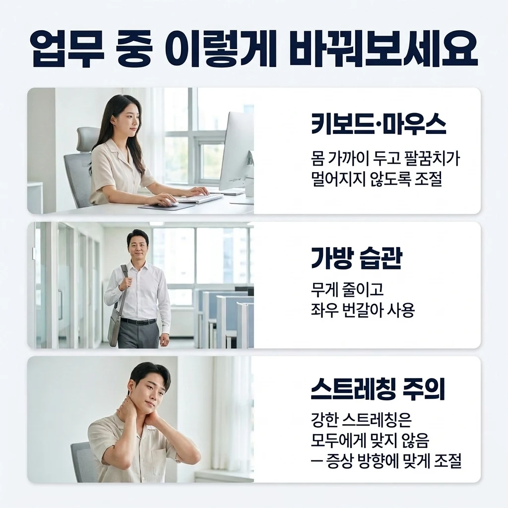키보드·마우스 위치와 가방 무게 조절, 무리한 스트레칭 주의