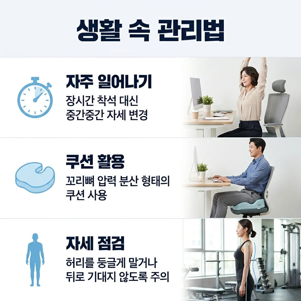 자주 일어나기와 꼬리뼈 압력을 줄이는 쿠션 활용