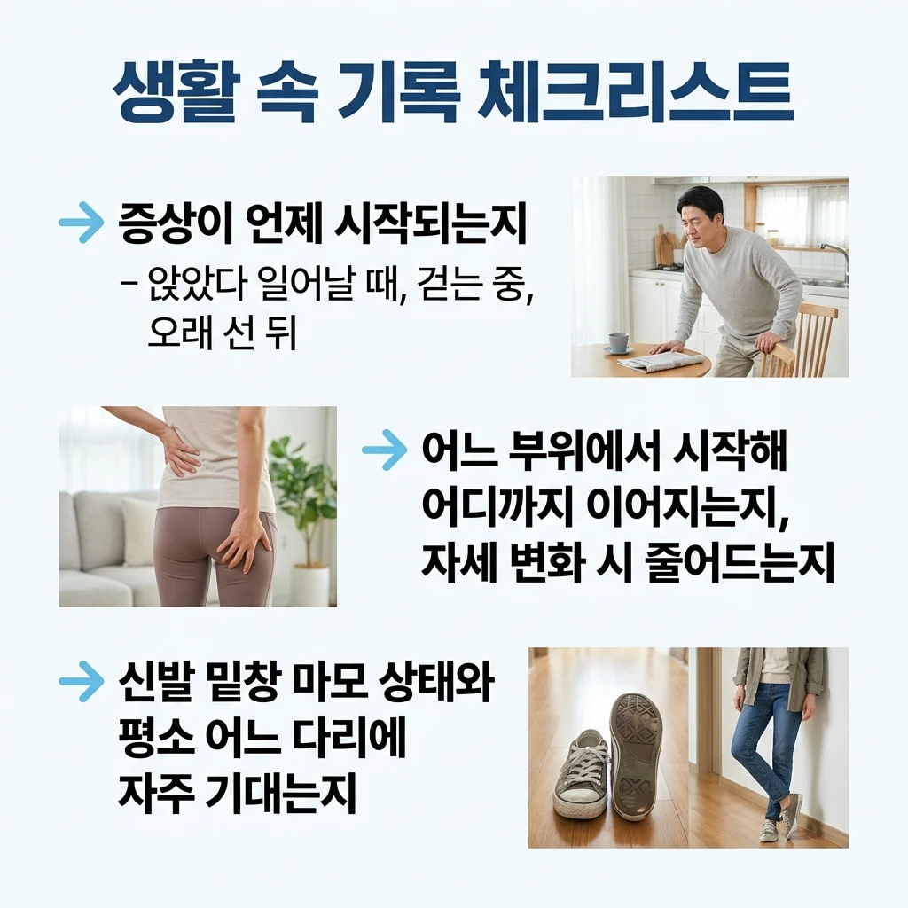 다리저림이 시작되는 상황과 범위, 자세 변화와 신발 마모 기록